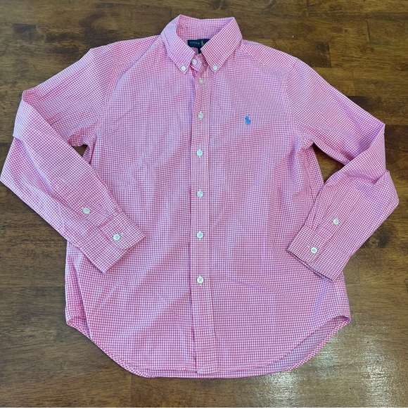 Boys Ralph Lauren pink plaid gingham button down size medium 10-12 - Picture 1 of 6